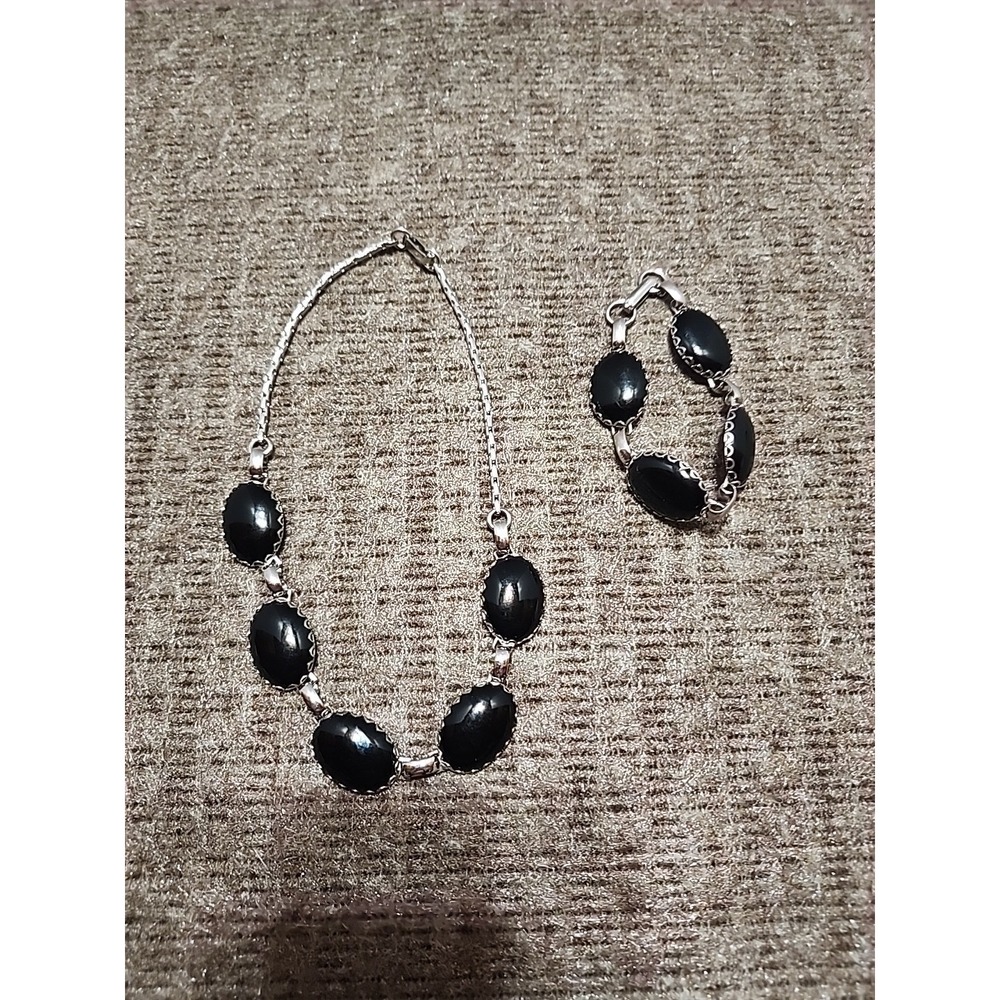 Vintage Bracelet‎ & Necklace Set Linked Black Oval